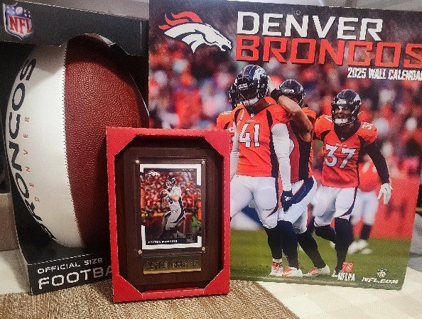 Denver Bronco 2025 Calander, Denver Bronco Official Football, Denver Bronco Payton Manning Collectors Card