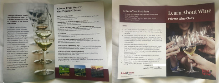 You can choose from their popular themes for a Private Wine Class.  
This certificate is for 14-20 attendees for a Private Wine Tasting Event