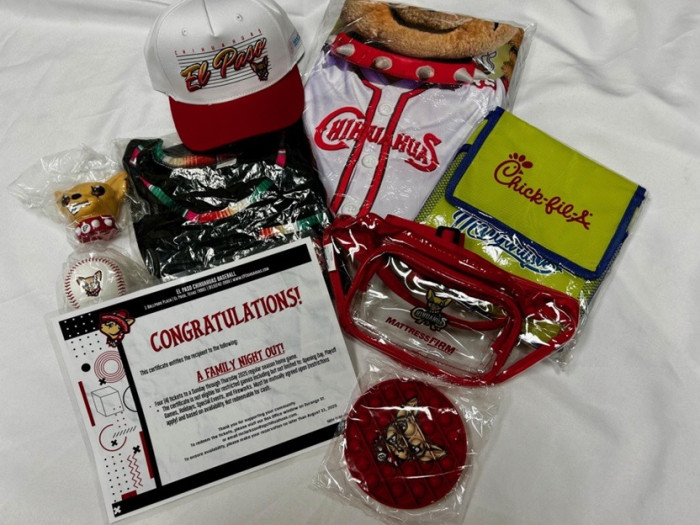 Family Night Out Ticket Pack (4 game tickets), El Paso Chihuahuas Baseball Cap, Chihuahuas Beach Towel, 
Chihuahuas Baseball T-Shirt, Margaritas Lunch Bag, Clear Bag Fanny Pack, Chihuahuas Baseball, Chico the Chihuahuas Squishy Toy, Pop Socket Toy,